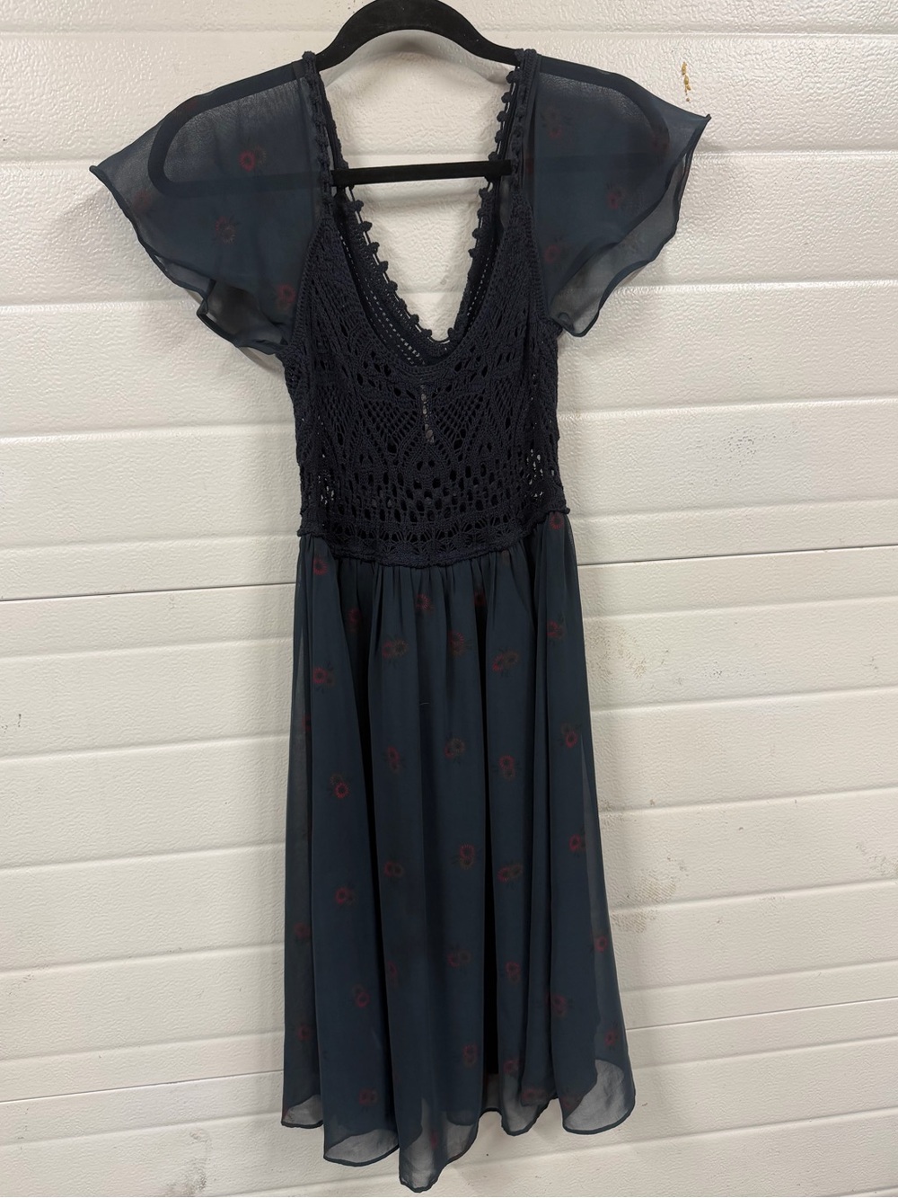 Free People Navy Crochet Bodice Midi Dress with Subtle Burgundy Floral
